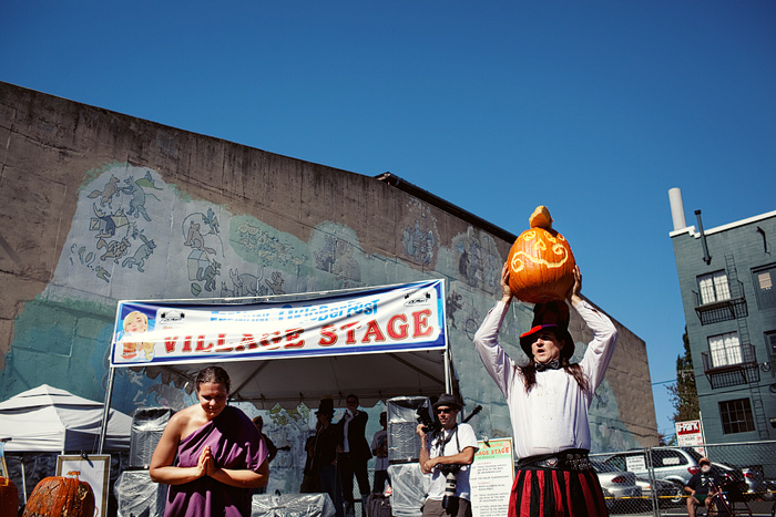 A contestant's finished pumpkin is presented to the crowd.