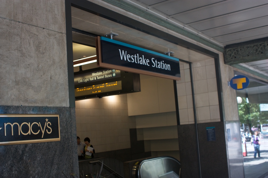 One entrance to the Westlake station is located on Pine between 3rd and 4th, next to Macy's.