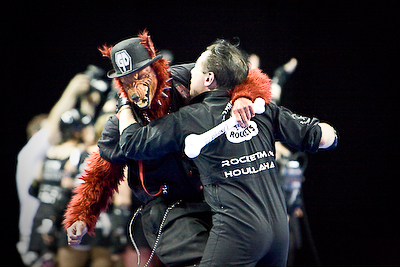 The age old battle: rocketman vs. bipedal hell dog.