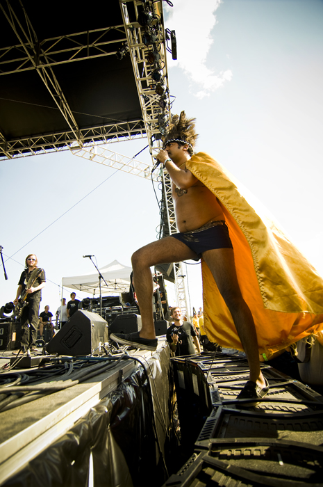Jonathan Cunningham says: There aren't a lot of lead singers that can perform at a music festival dressed solely in underwear, a gold cape, Airwalk shoes, and a headdress. But if anybody can pull that off, it's King Khan.