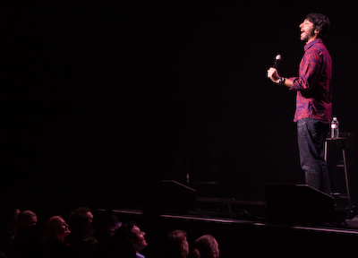 Arj Barker gets the crowd warmed up