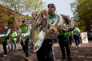 The SoundWave marching band led the march from Pioneer Square to Quest Field.