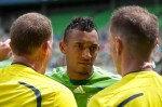Tyrone Marshall tries to reason with the referees to no avail.