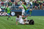 Sounders and Galaxy members all go after a loose ball near the Galaxy goal in the second half.