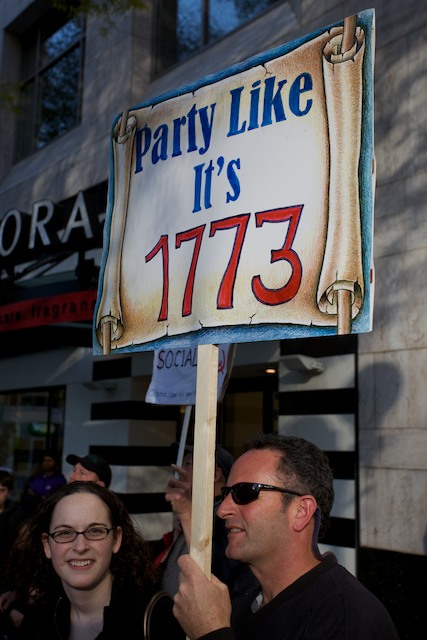 Teabaggers united against taxes and government spending on Wednesday, April 15, at