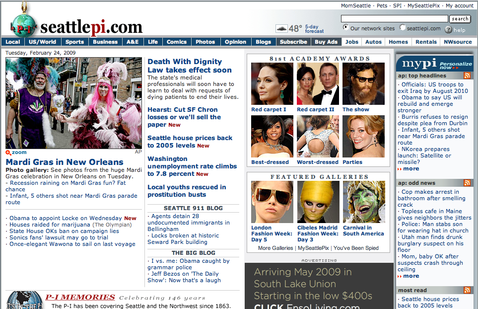 Although the Times boasts a larger press run, SeattlePI.com has consistently drawn more unique monthly visitors than its cross-town rival, averaging around 2.5 million to the Times' 2 million.