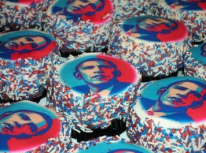 Tastes Like Victory: You're looking at the best part of my election night (well, the second best part anyway): Obama cupcakes courtesy of Trophy. The chocolate cakes were topped with thick buttercream and sprinkles. The two I ate nearly sent me over the edge. I can't even talk about it.