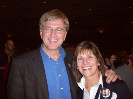 A Few More Shots from the Westin Party: Also bumped into Rick Steves and his wife Anne. Anne, a good head, shoulders and chest shorter than her husband, says having a really tall spouse is helpful. In large crowds like the one at the Westin, he can tell her what's going on. She's also a great sport about taking photos of her famous pot-advocate, traveling husband and his many fans. Obama, Obama, Obama! the couple kept shouting. I think Anne Steves was a tad jealous of her son, currently at Notre Dame, who was headed for Grant Park in Chicago.