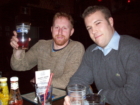 Republicans in Pioneer Square?: So it's possible I misread the note and no Republican party was actually set for the J&M, but I did find a McCain supporter among the sparse drinkers. Scott, last name withheld, donned a grey Izod v-neck with a blue dress shirt and met his friend Dan Rubinsky, a nappy brown sweater wearing Democrat, for Winterhook Ale on neutral ground. Scott didn't know anything about other Republicans joining him in Pioneer Square, but he was quick to note that not only did he vote for McCain and Rossi, he was able to celebrate with his dear friend Rubinsky.
