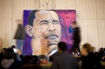 A larger-than-life painting of Barack Obama hung at the Election Night rally in Chicago's Grant Park.