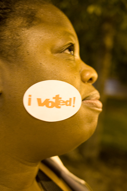 Voters trickled down Michigan Avenue after casting their ballot on election night in Chicago.