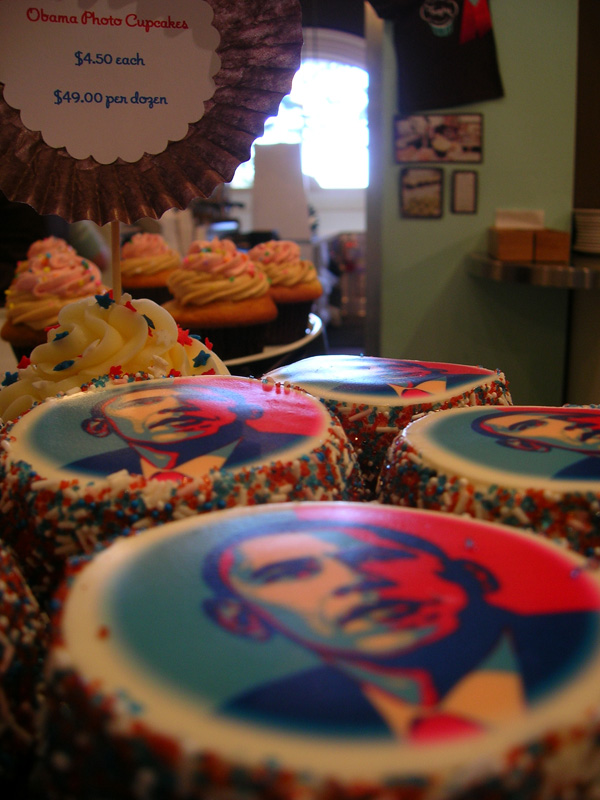 You can now lick Barack ObamaaE™s face. These cupcakes, from Trophy Cupcakes in Wallingford, are $4.50 each, and $49.00 for a dozen. aEœWe have photo real images available of both candidates available for special order,aE said Trophy Cupcakes employee Maggie Dutton, who is also a writer for Seattle Weekly.