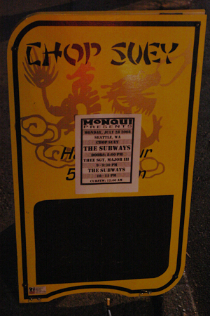 The sandwich board out front, featuring Thee Sgt. Major III as lone opener.