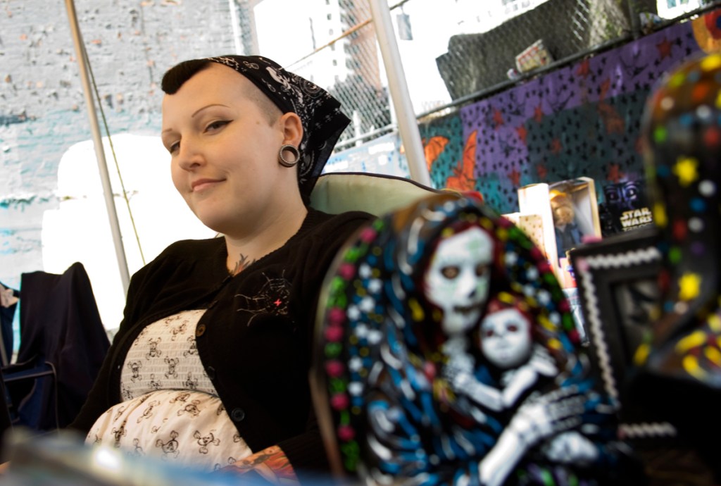 So much for sale! Vintage clothes, vinyls, shower art, hand-painted bags, creepy fun Dia de los Muertos statues, and more!  Watch for Punk Rock Flea Market #5