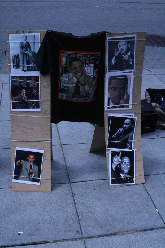 Photos of Sen. Obama, Malcolm X, and Dr. Martin Luther King for sale outside WaMu.