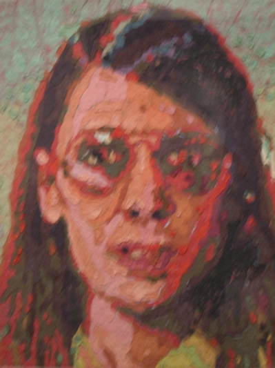 A work in handmade paper by Chuck Close at Greg Kucera.