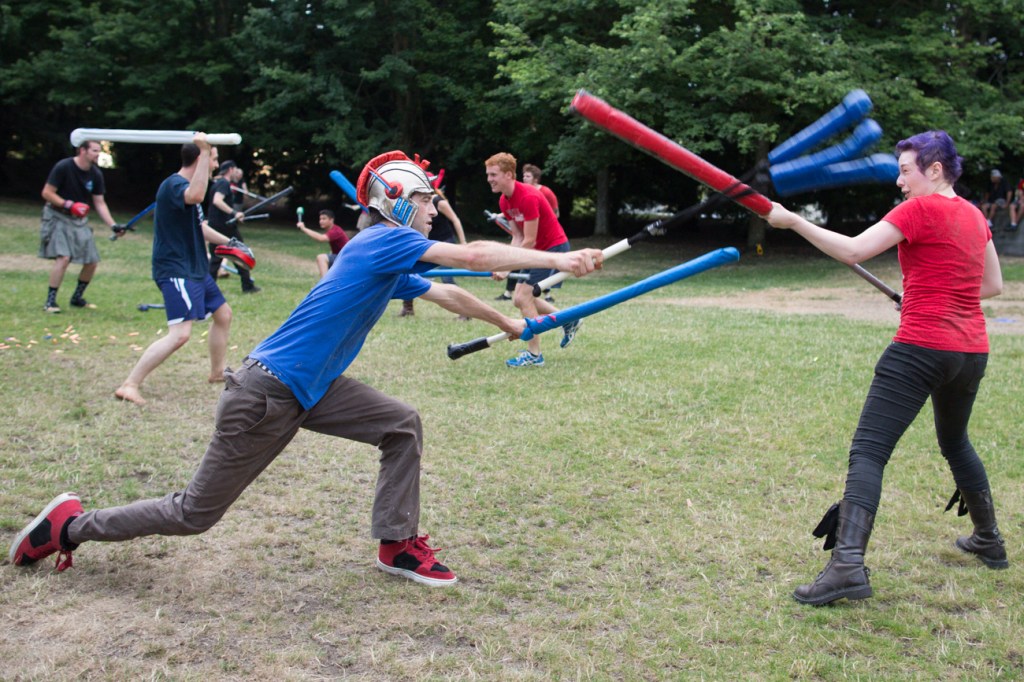 It wasn't all Nerf Guns at Reddit Seattle's 3rd Annual Nerf War Extravaganza, later in the evening melee play broke out. Here a blue teamer uses a medieval style foam weapon to take out his opponent.