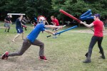 It wasn't all Nerf Guns at Reddit Seattle's 3rd Annual Nerf War Extravaganza, later in the evening melee play broke out. Here a blue teamer uses a medieval style foam weapon to take out his opponent.