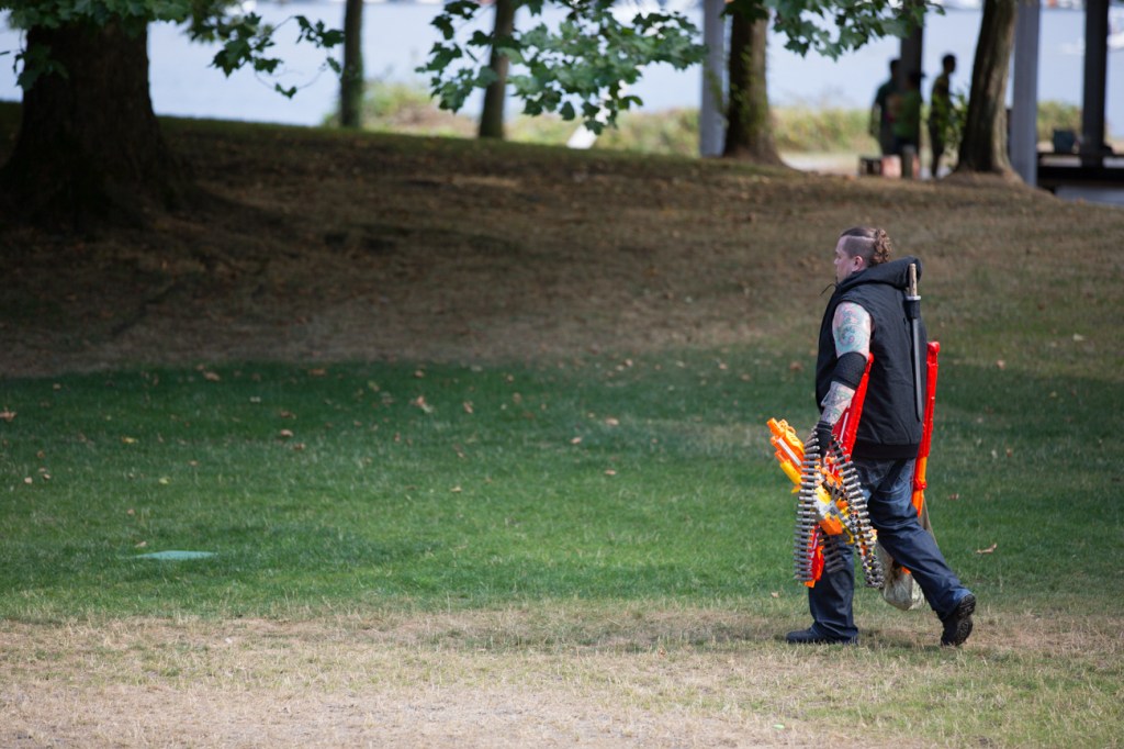 A lone warrior makes his way back to the starting position following a match.