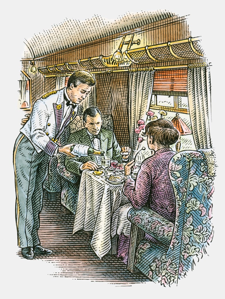 Illustration of waiter serving champagne to passengers in luxury train carriage