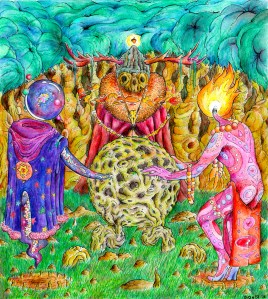 A Cryptic Apocalyptic, Eco-Mythologizer and Trance Ritualist, convening in the woods. Illustration by Brian Dionisi.