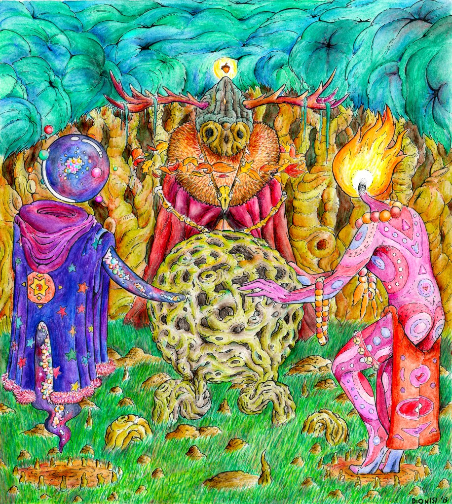 A Cryptic Apocalyptic, Eco-Mythologizer and Trance Ritualist, convening in the woods. Illustration by Brian Dionisi.