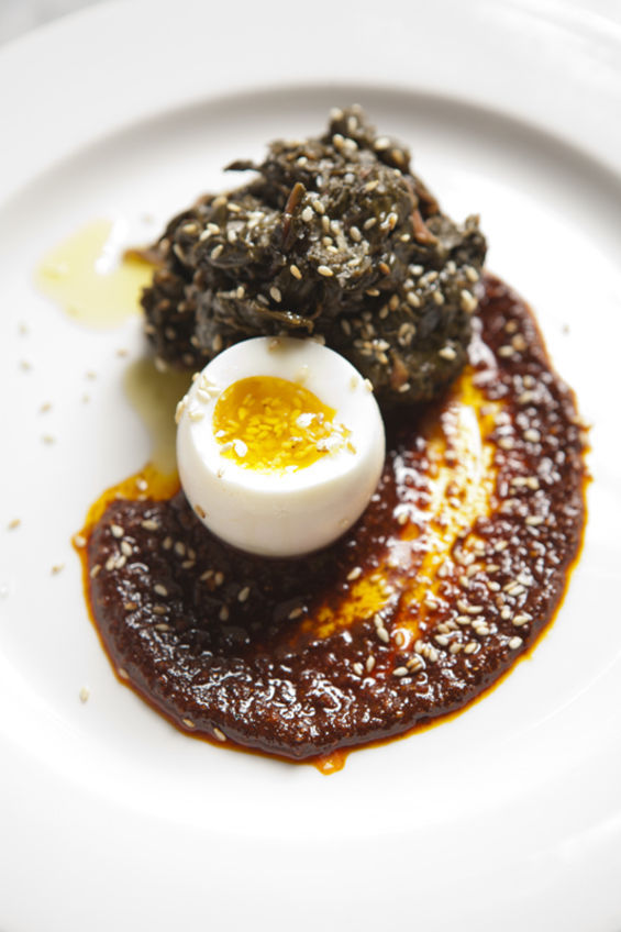 Braised greens, chermoula, 6 minute egg and toasted sesame seeds at The Whale Wins (photo by Joshua Huston)