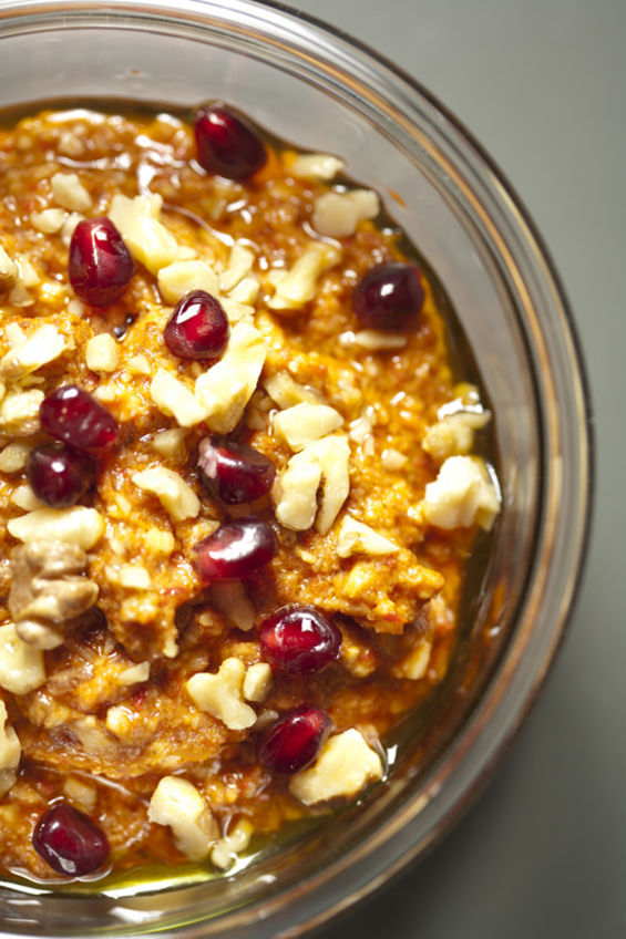 Muhammara, a paste of ground walnuts and pomegranate molasses, found at Mamnoon. (Photo by Joshua Huston)