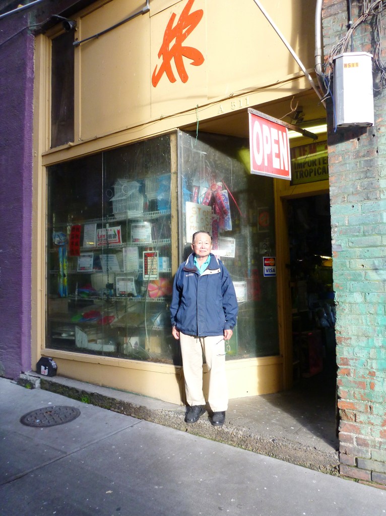 Above, left to right: Djin Kwie Liem in front of his pet shop; members of the Woo family stand outside the Wah Mee building; Harry Chan, owner of Tai Tung. Below, left to right: Tim Louis; the fire damage from above.