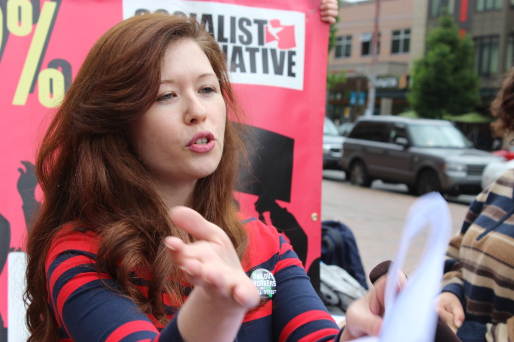 Jess Spear speaking this morning at Seattle Central Community College. Photo by Kelton Sears.