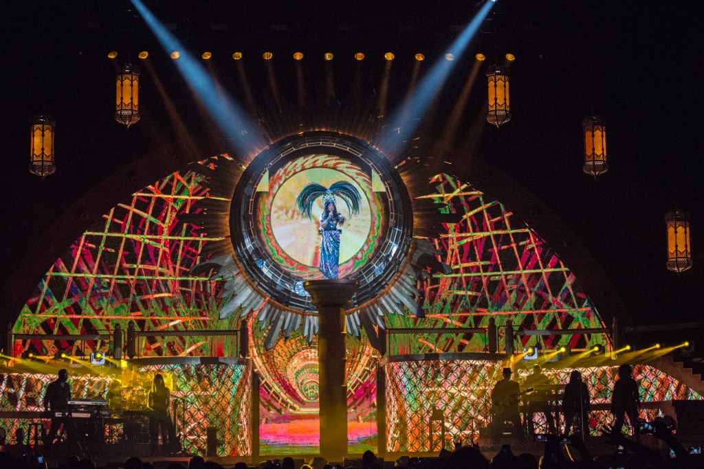 Cher perched atop her pedestal as she began her show