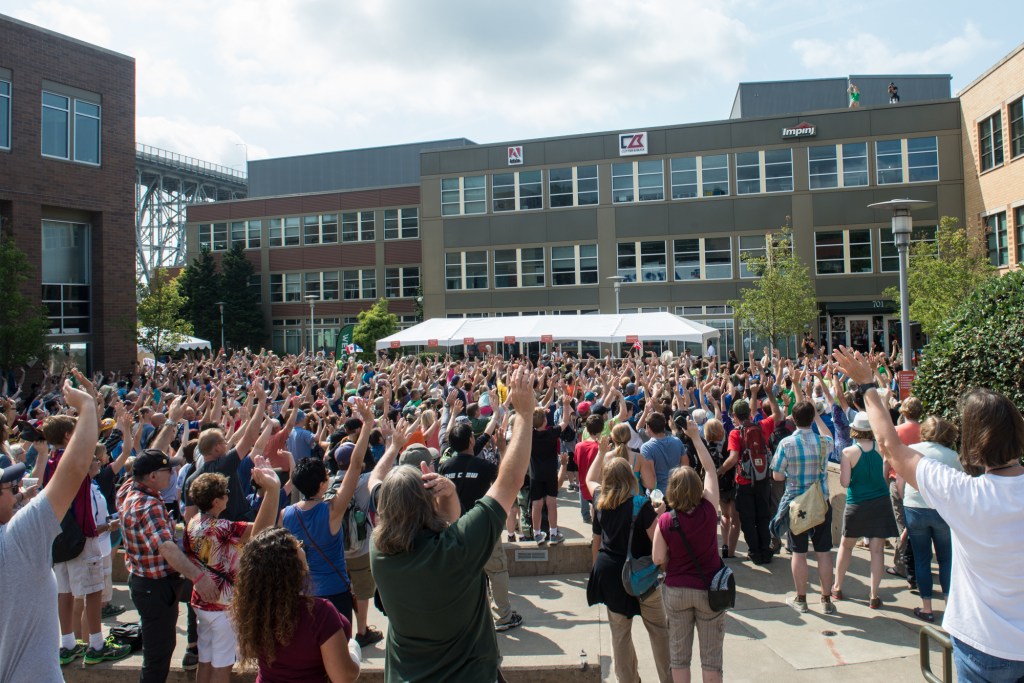 One of the big moments is at the start of the event when a group picture is taken of all the participants. "Wave hello," they yelled from the roof. Photo by Morgen Schuler