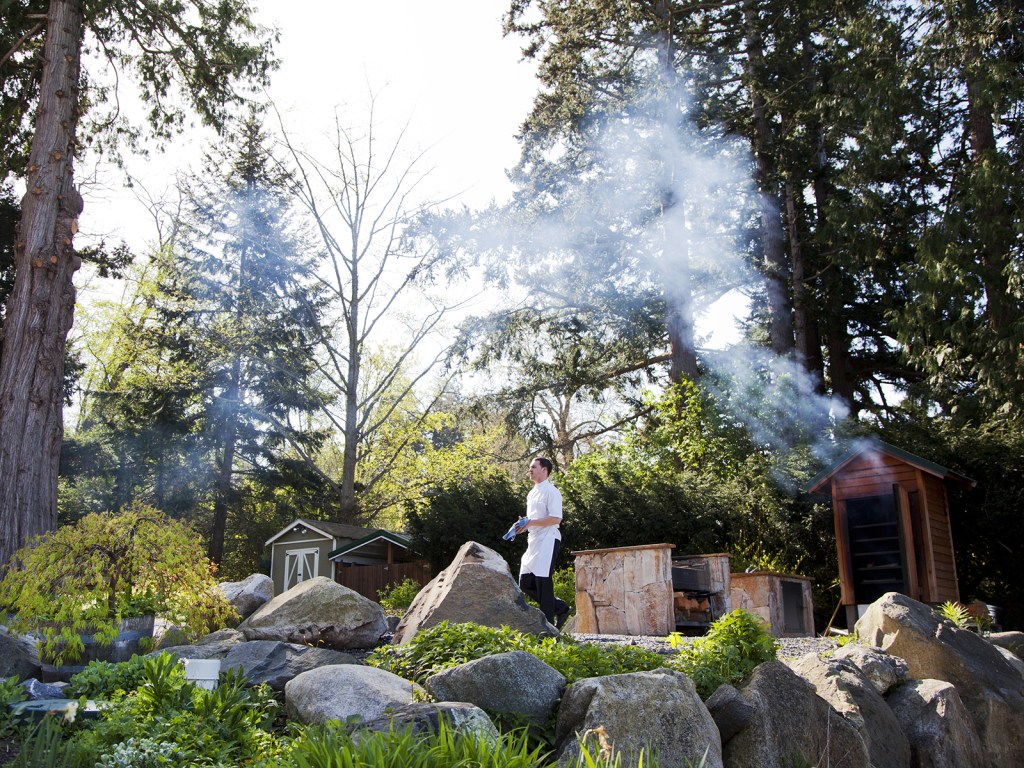 Top: chef in the wild. Bottom left: smoked salmon. Bottom right: Wetzel’s close relationship with his ingredients.