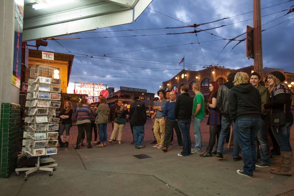 The line for entry to the show wrapped around the block.
