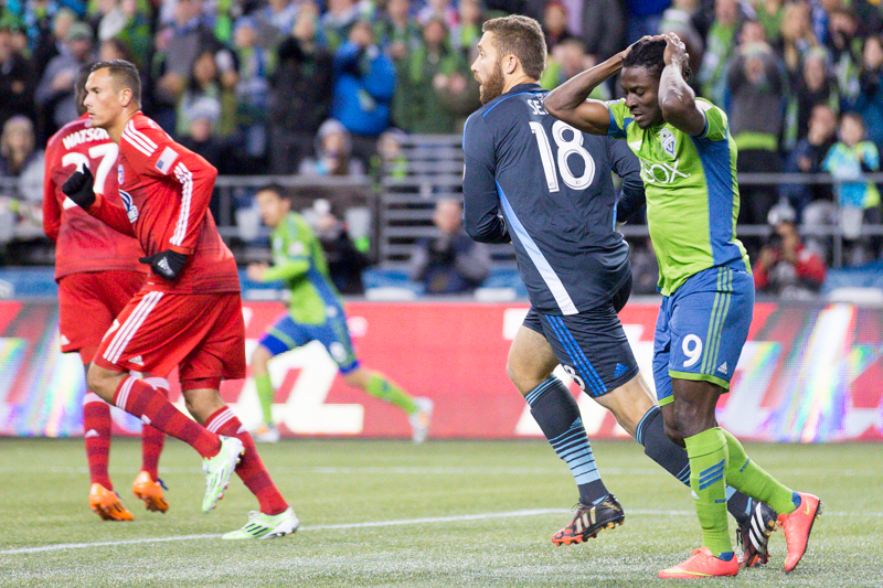 Seattle forward Obafemi Martins reacts to a missed attempt on goal in the second half.
