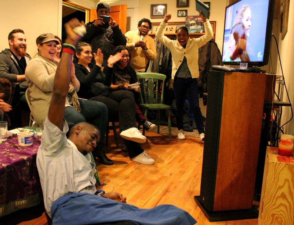 At his Hillman City viewing party.