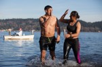 A couple exchange high-fives after taking the plunge.