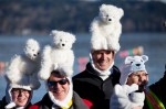 Donning fuzzy polar bear hats, a family is ready to make the dive.
