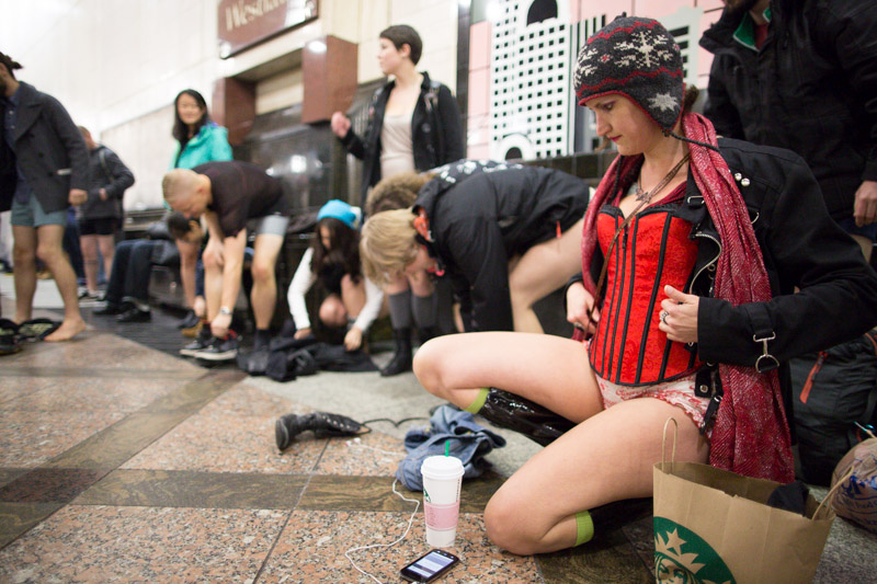 People ready for Seattle's 2015 No-Pants Light Rail ride in Westlake Station.