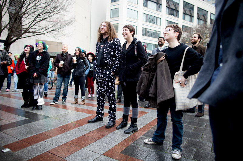 Ready to embark on a pant-less adventure, a crowd gathers at Westlake Park in downtown Seattle on Sunday, January 11, 2015.