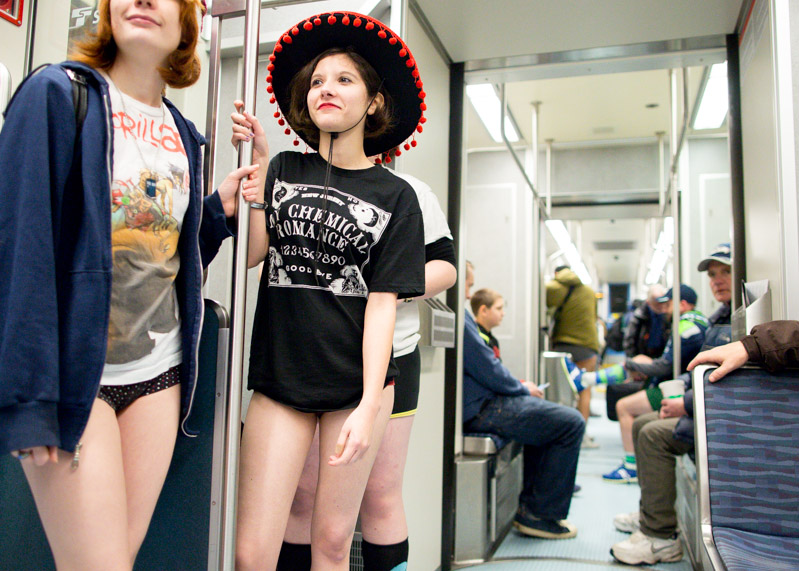 Participants ride the light rail during the 2015 No Pants Light Rail ride.