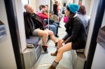 Participants ride the light rail during the 2015 No Pants Light Rail ride.