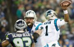 Cam Newton, Panthers quarterback, releases an incomplete pass in the second quarter.