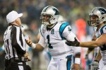 Panther's quarterback Cam Newton argues a call with a referee in the fourth quarter.
