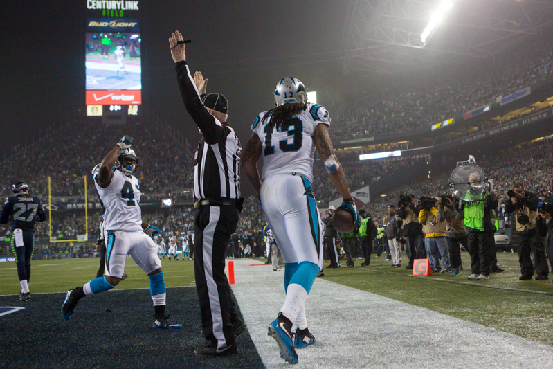 Panthers players celebrate after tighten Ed Dickson caught a 15-yard touchdown pass late in the fourth quarter.