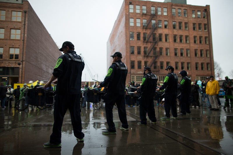The Blue Thunder drum corp performs outside the stadium.