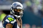 Seahawks' cornerback Richard Sherman gives a menacing glare during warm ups.