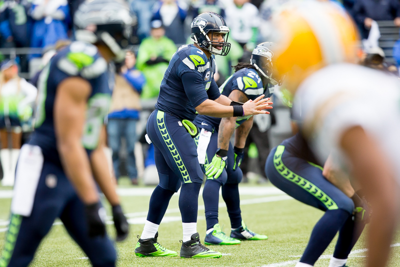 Russell Wilson lines up in the shotgun before a snap in the first quarter.