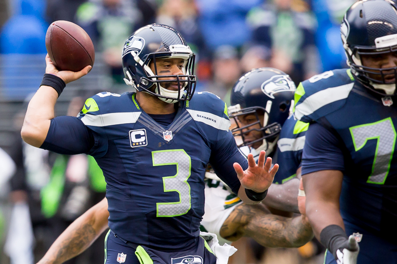 Russell Wilson throws a pass late in the second quarter.