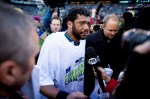 A teary-eyed Russell Wilson speaks in a post-game interview.